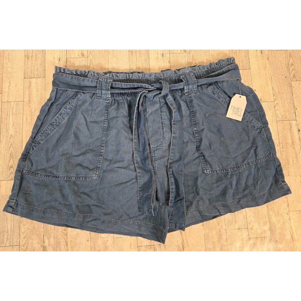 Time & Tru Shorts XXL 20 Womens Belted Pockets High Rise Blue Pull On NEW